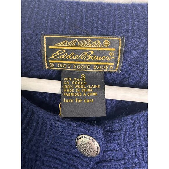 Vintage Eddie Bauer 1989 100% Wool Knit Cardigan Sweater Navy Blue Size S - Picture 5 of 6